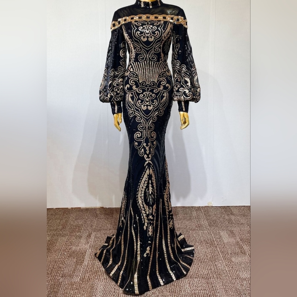 Black Embellished Backless Gown with Bishop Sleeves- CUSTOM MADE - Picture 12 of 15